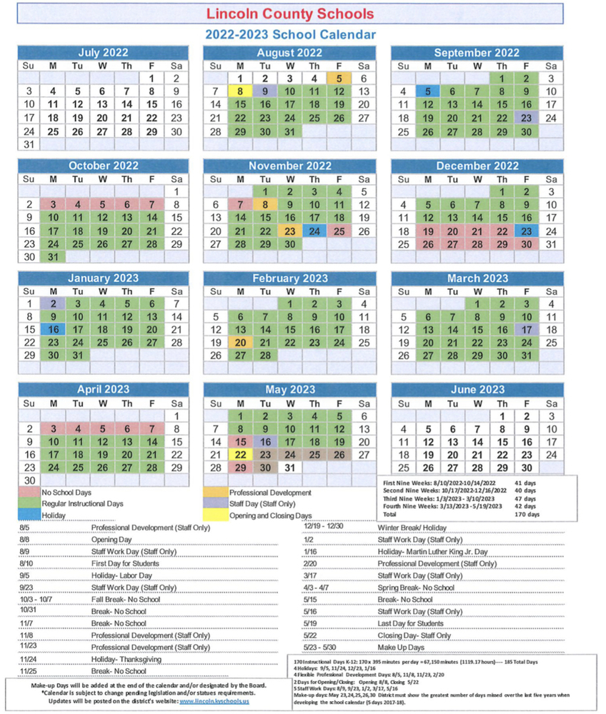 2022 23 School Calendar Lincoln County Schools