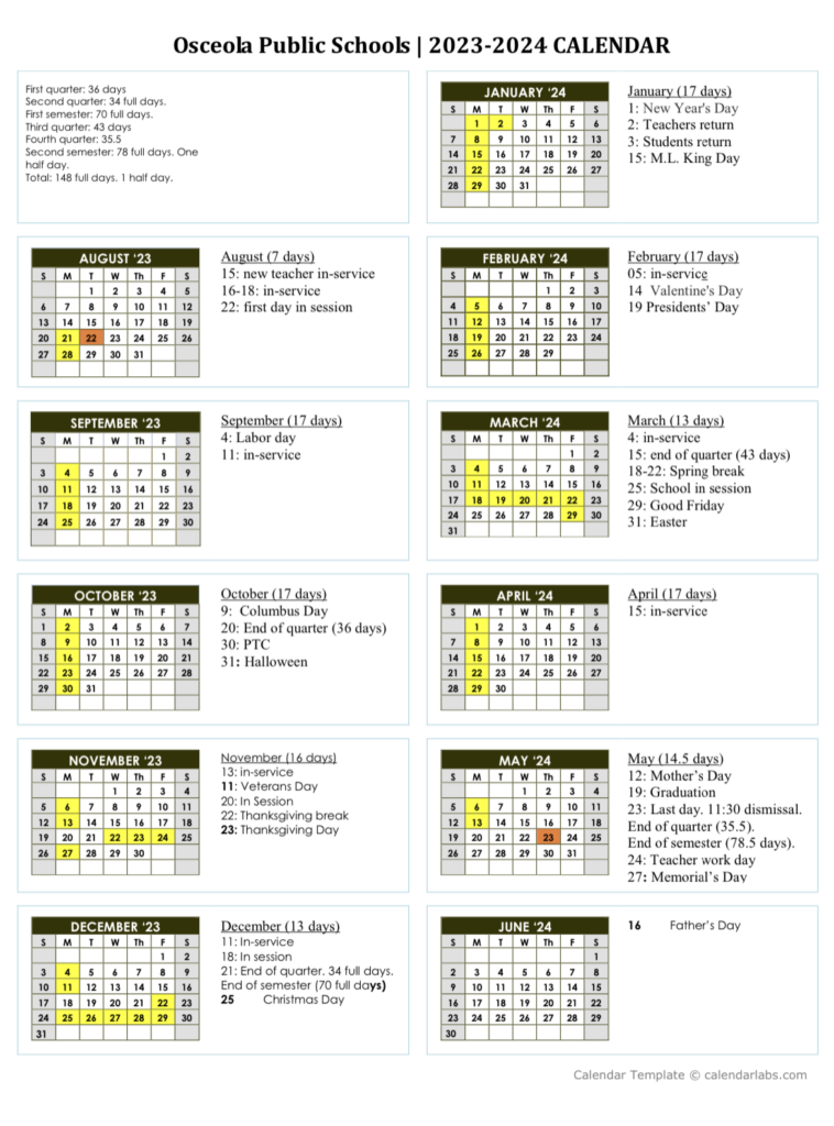 2023 2024 School Calendar Osceola Public Schools