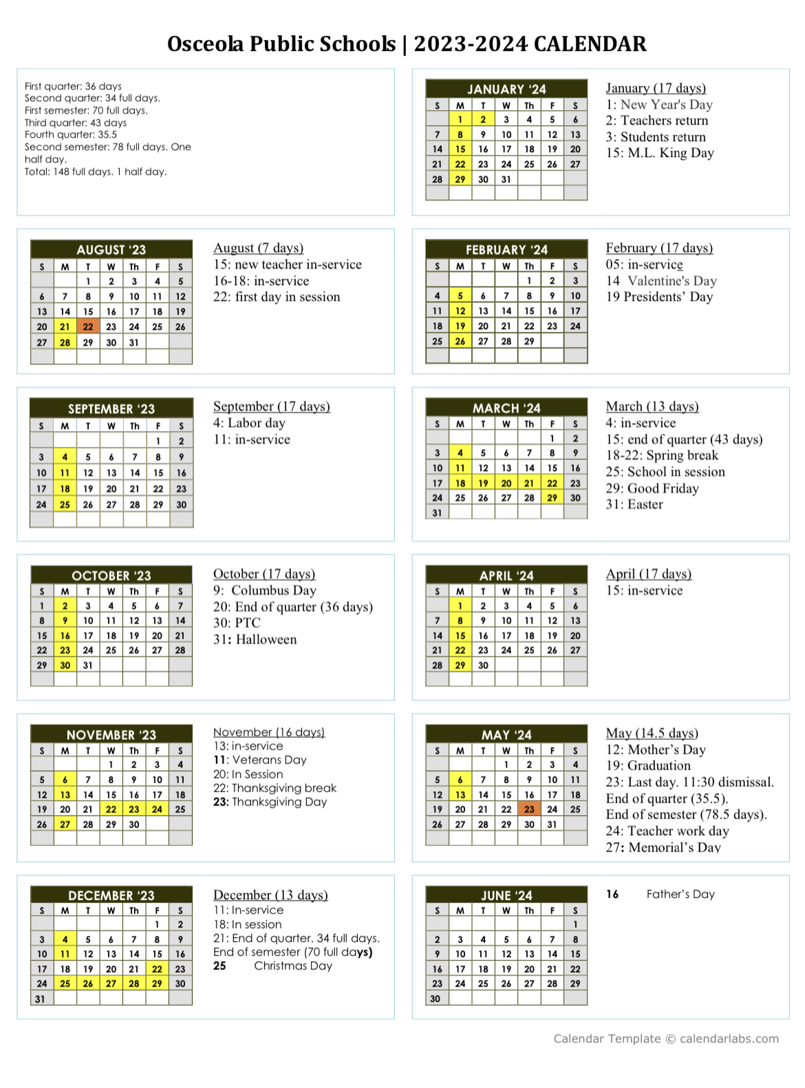 2023 2024 School Calendar Osceola Public Schools