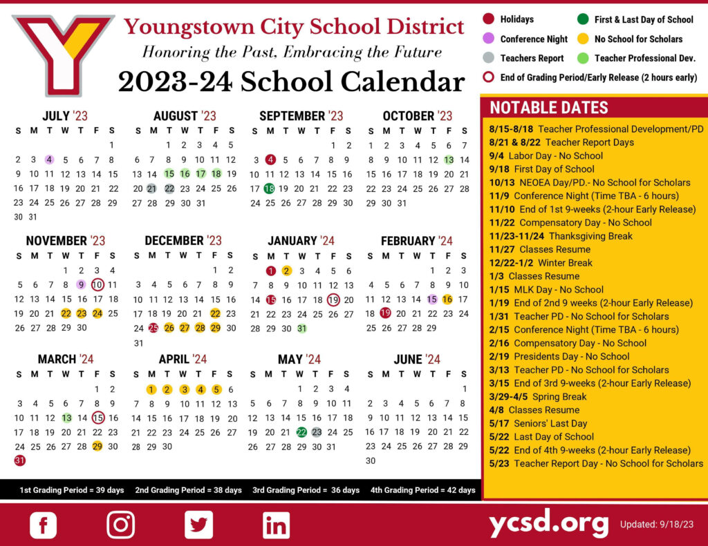 2023 2024 YCSD School Calendar Paul C Bunn Elementary School