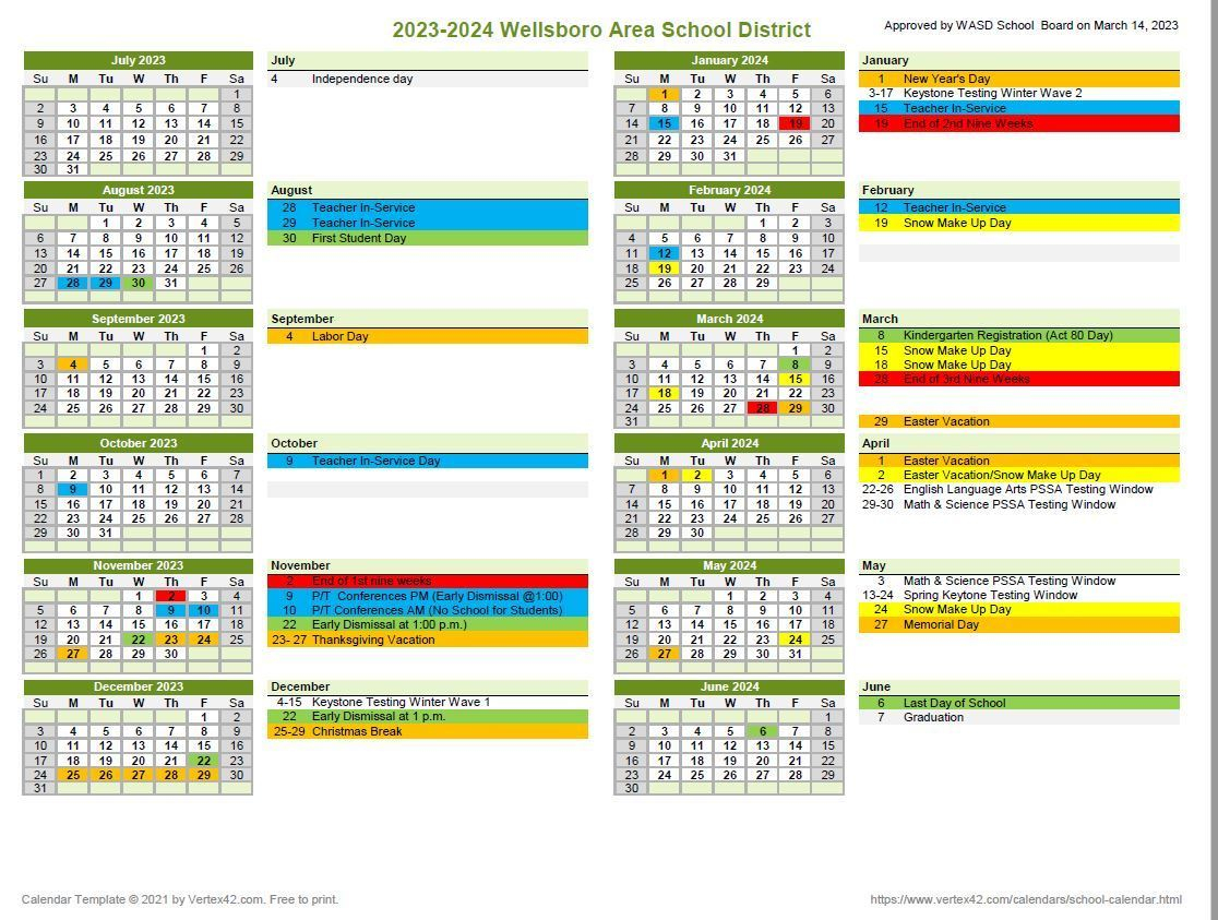 2023 24 Approved School Calendar Wellsboro Area School District