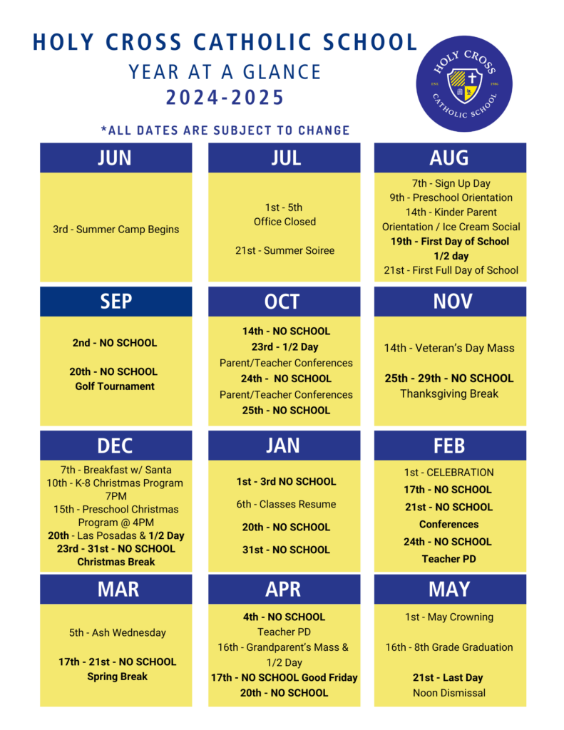 2024 2025 At A Glance Calendar Holy Cross Catholic School