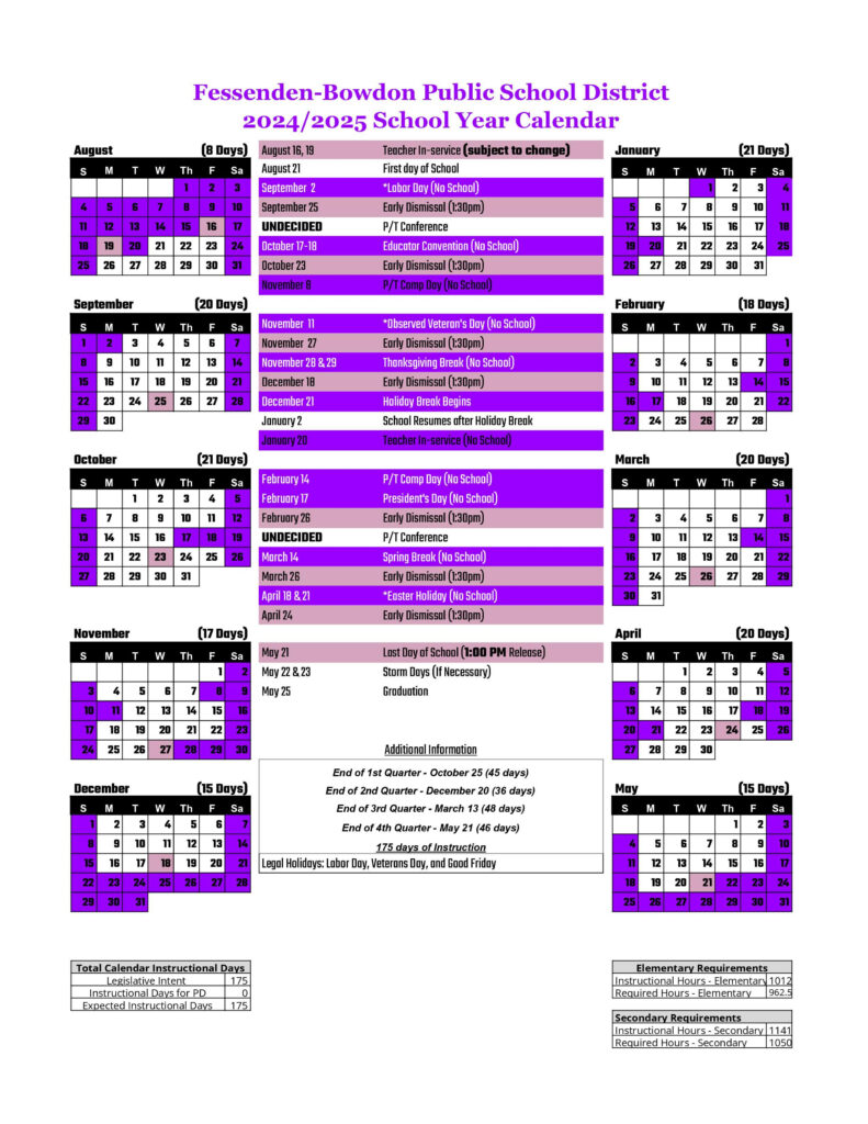 2024 2025 Calendar Fessenden Bowdon Public School District