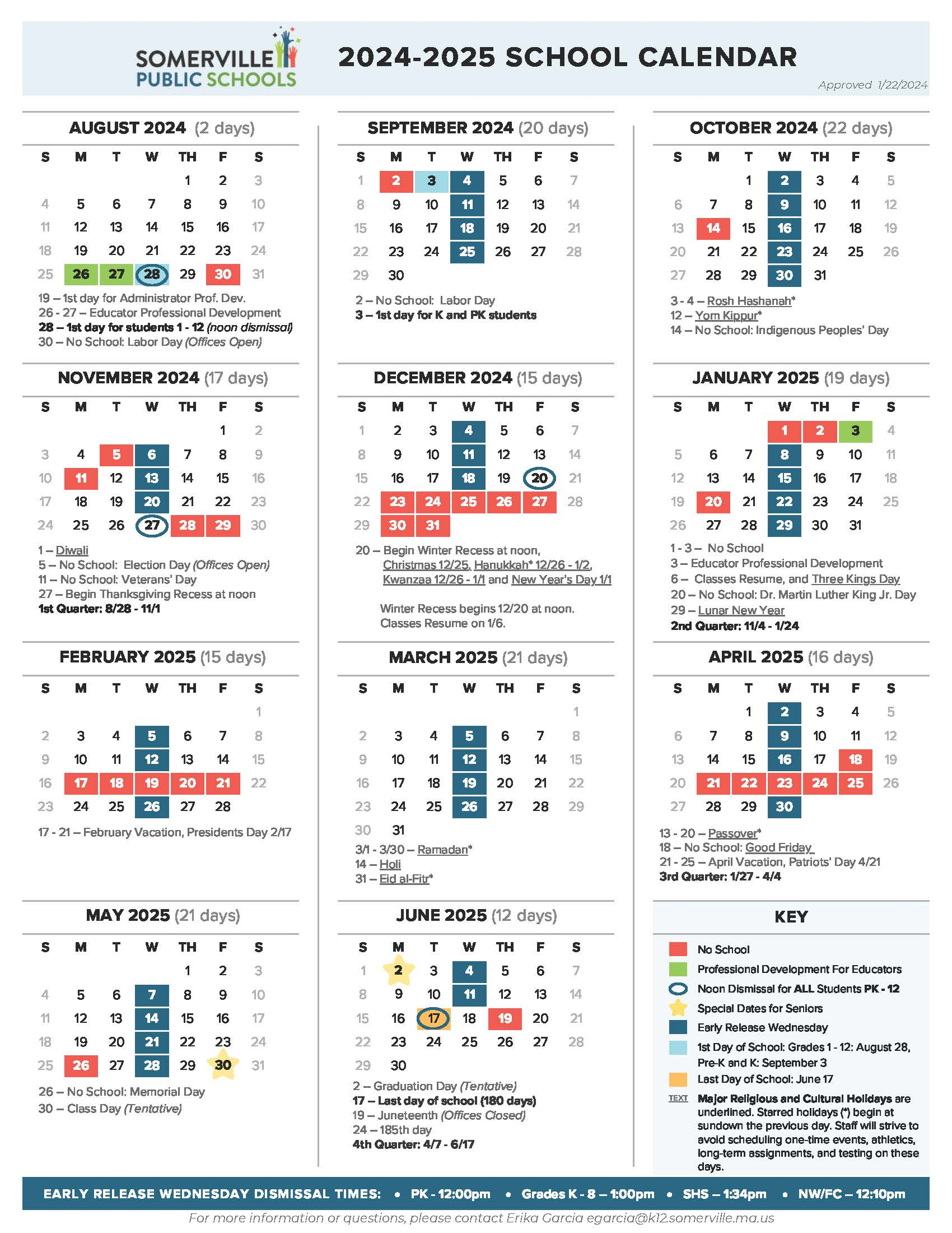 2024 2025 District School Year Calendar Somerville Public Schools