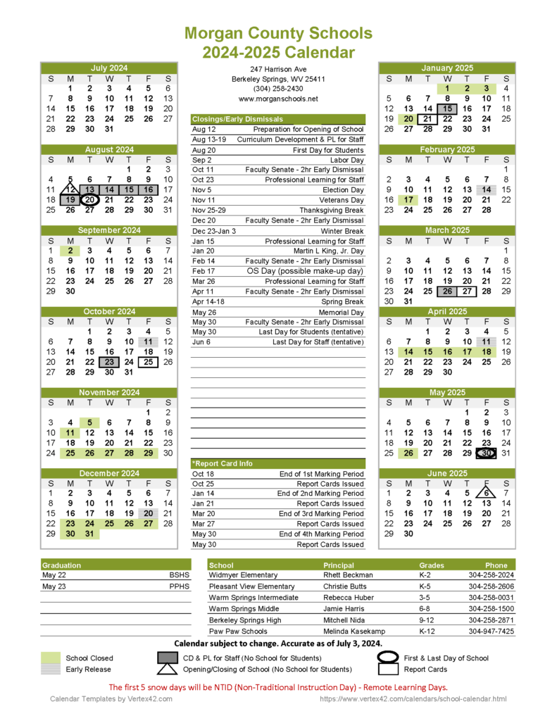 2024 2025 School Calendar Berkeley Springs High School