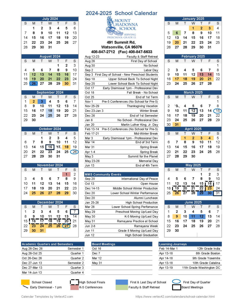2024 25 School Days Calendar Mount Madonna School 2024 25 School Days Calendar Mount Madonna School