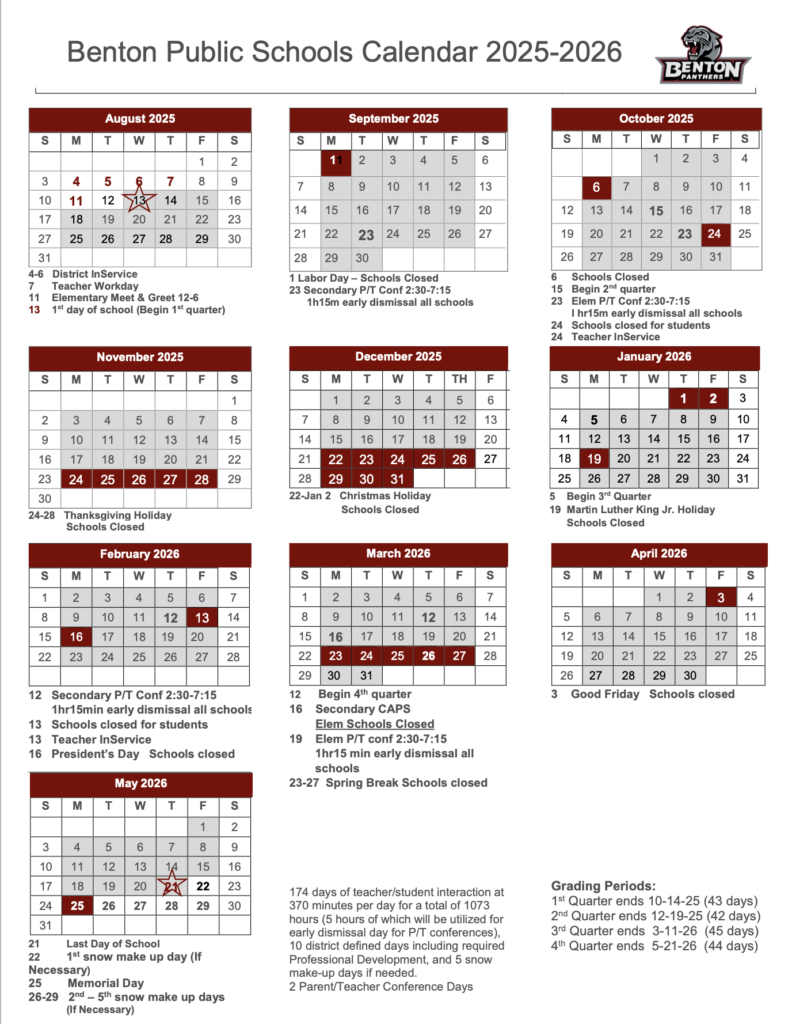 2025 2026 Benton School District Calendar Ringgold Elementary School