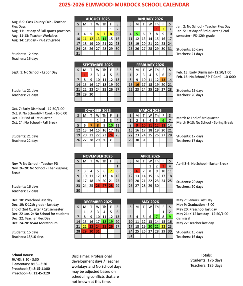 2025 2026 Elmwood Murdock School Calendar Elmwood Murdock Public Schools