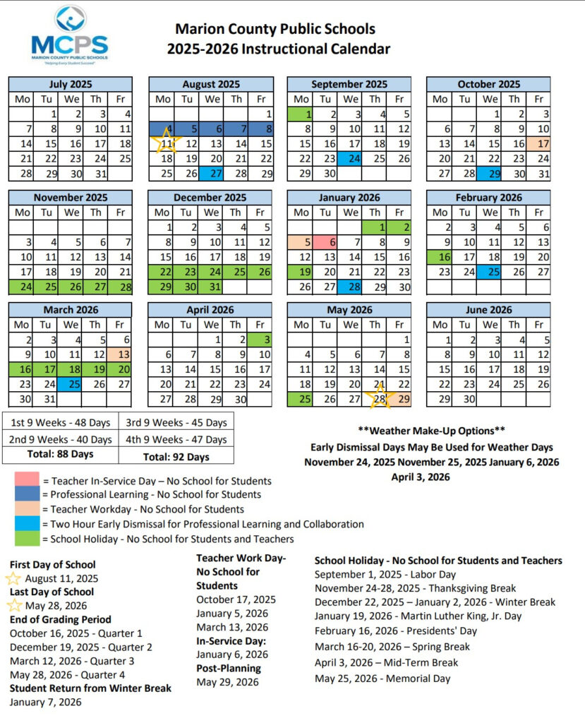 2025 2026 Instructional Calendar Dr N H Jones Elementary