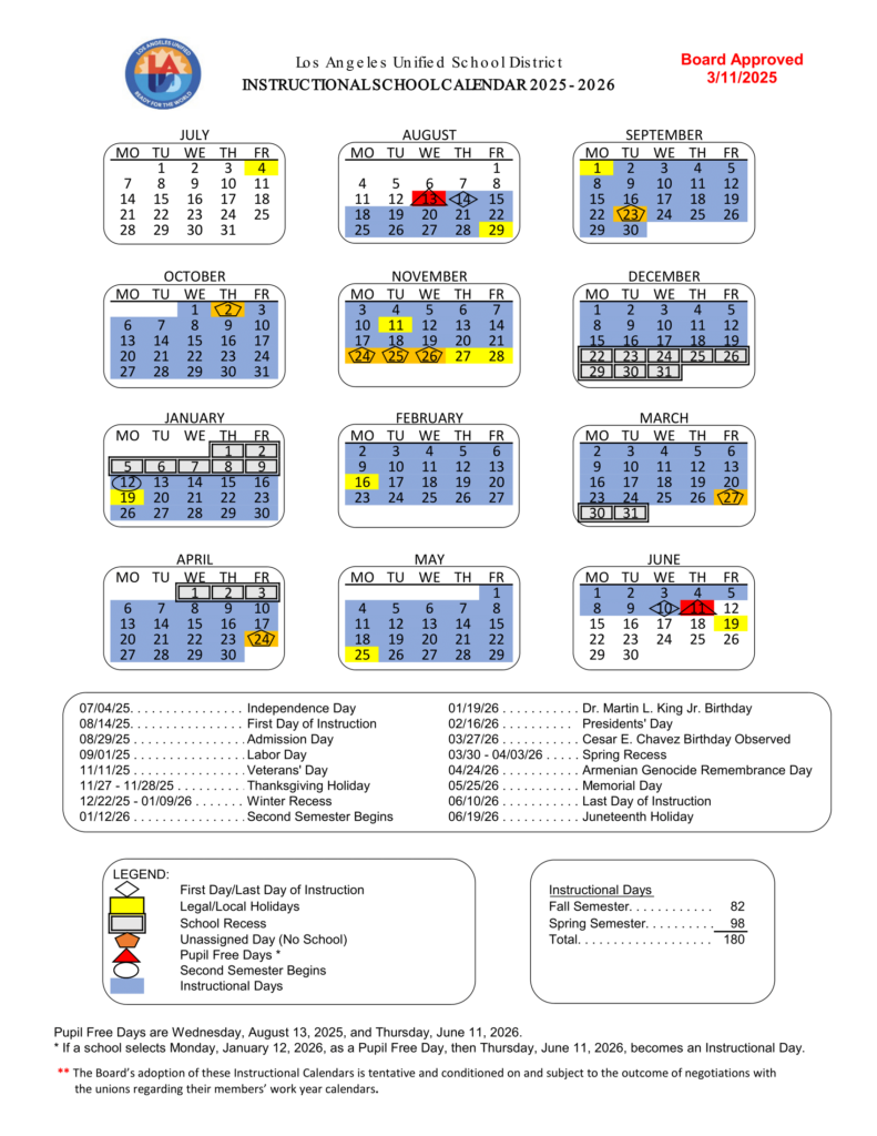 2025 2026 Instructional Calendar Westwood Charter Elementary