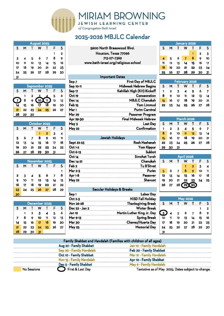 2025 2026 MBJLC Calendar Congregation Beth Israel