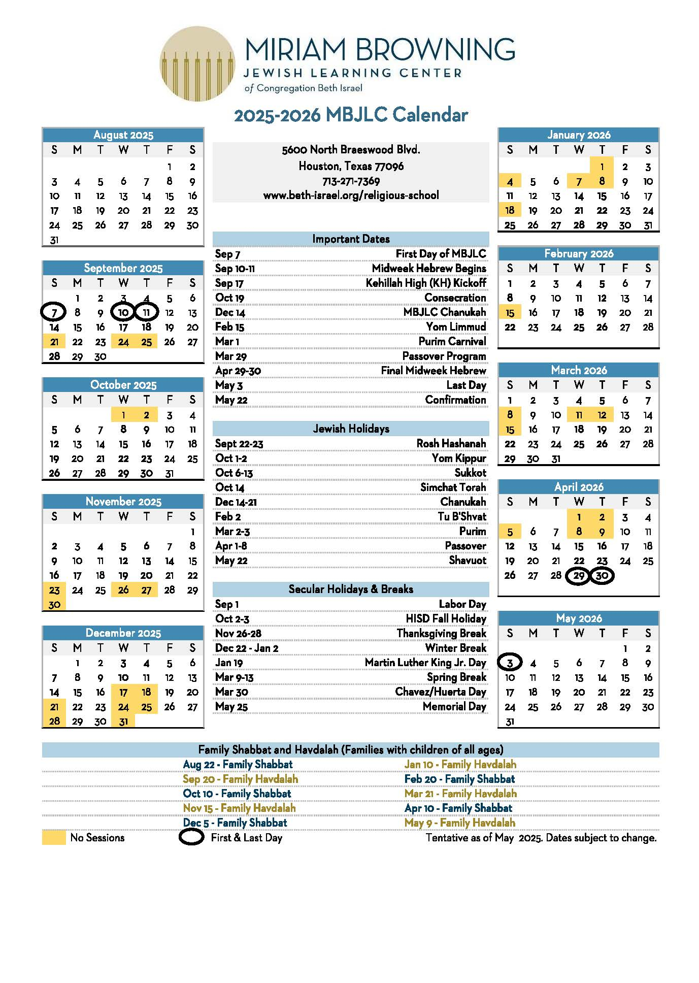 2025 2026 MBJLC Calendar Congregation Beth Israel
