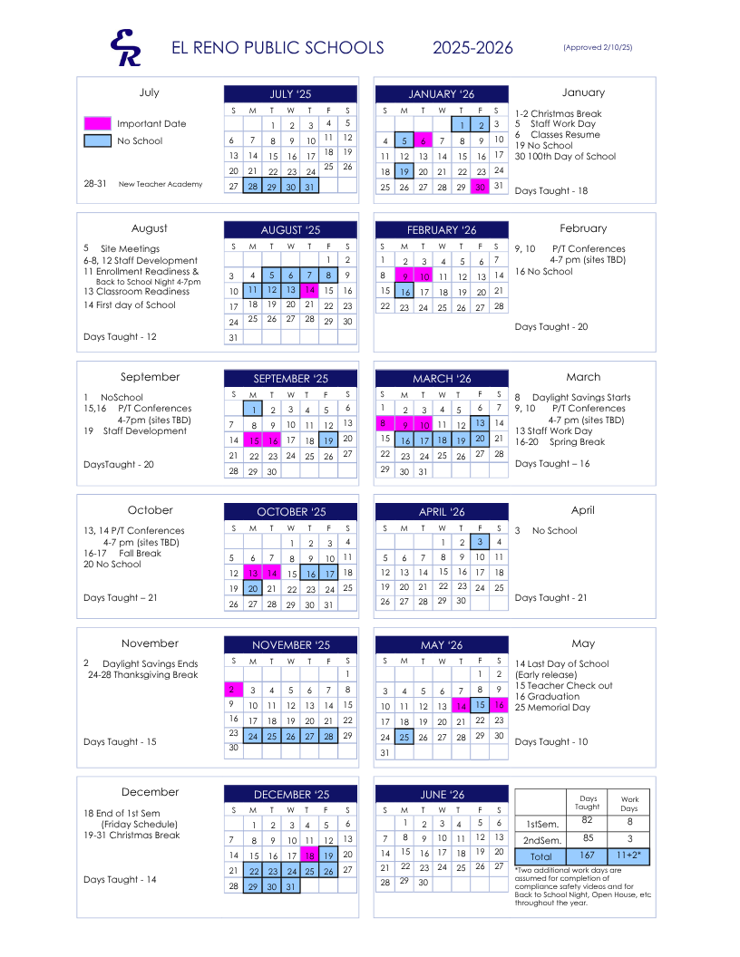 2025 2026 School Calendar El Reno Learning Center