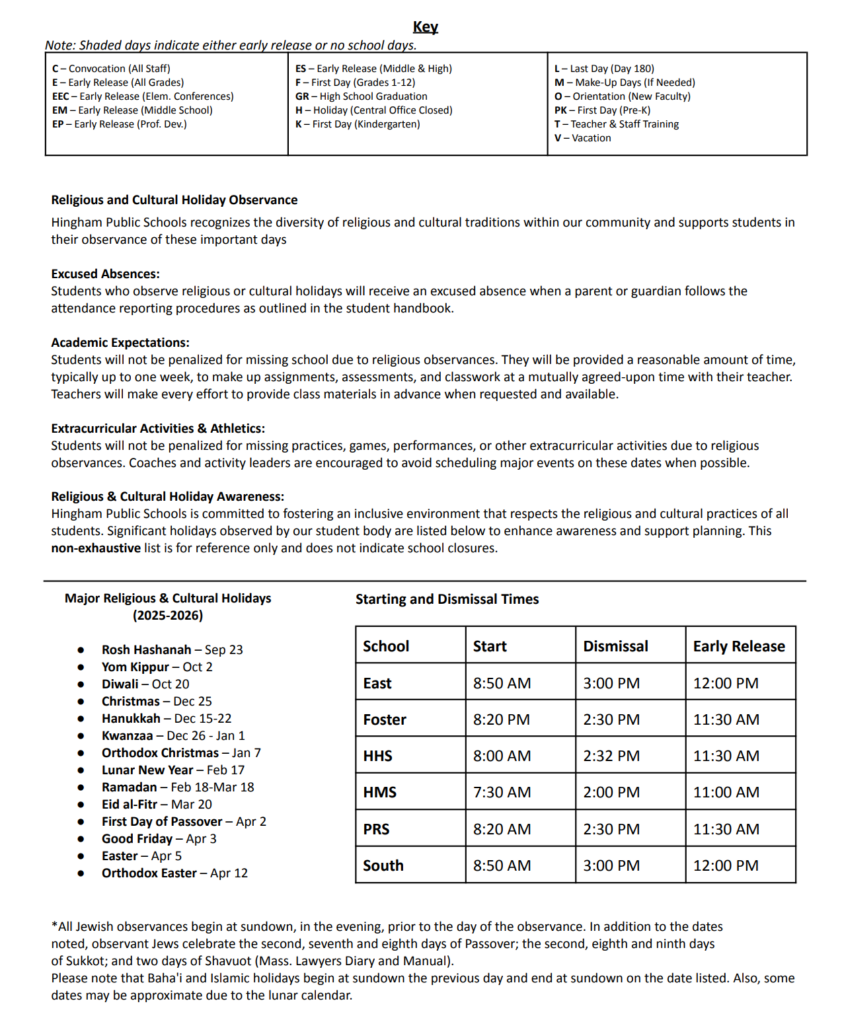 2025 2026 School Calendar Hingham Public Schools
