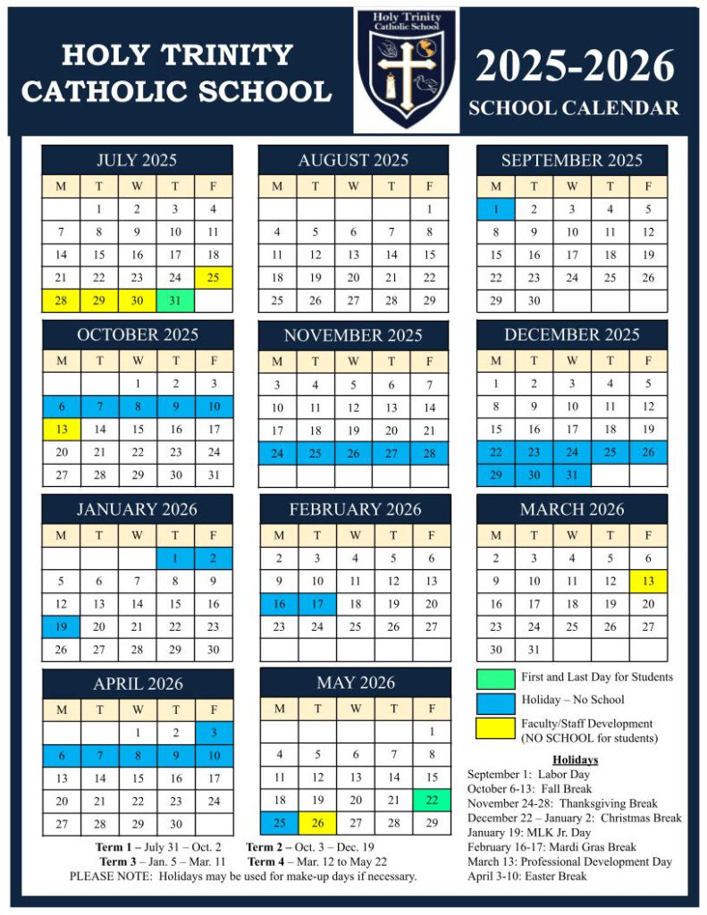 2025 2026 School Calendar Holy Trinity Catholic School