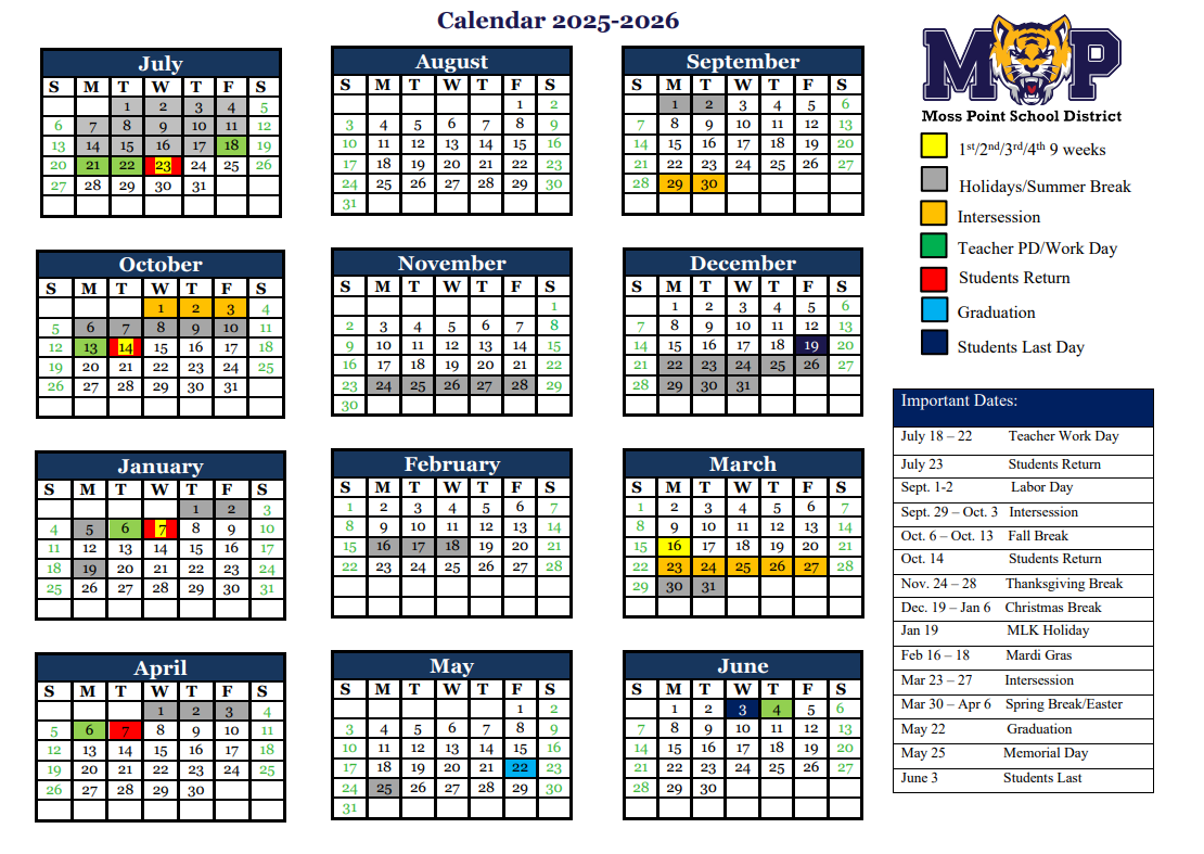 2025 2026 School Calendar Moss Point High School