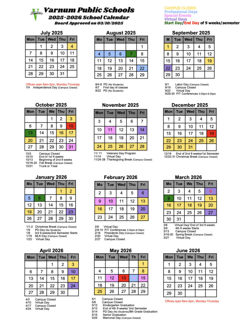 2025 2026 School Calendar Varnum Public Schools Seminole County OK 2025 2026 School Calendar Varnum Public Schools Seminole County OK