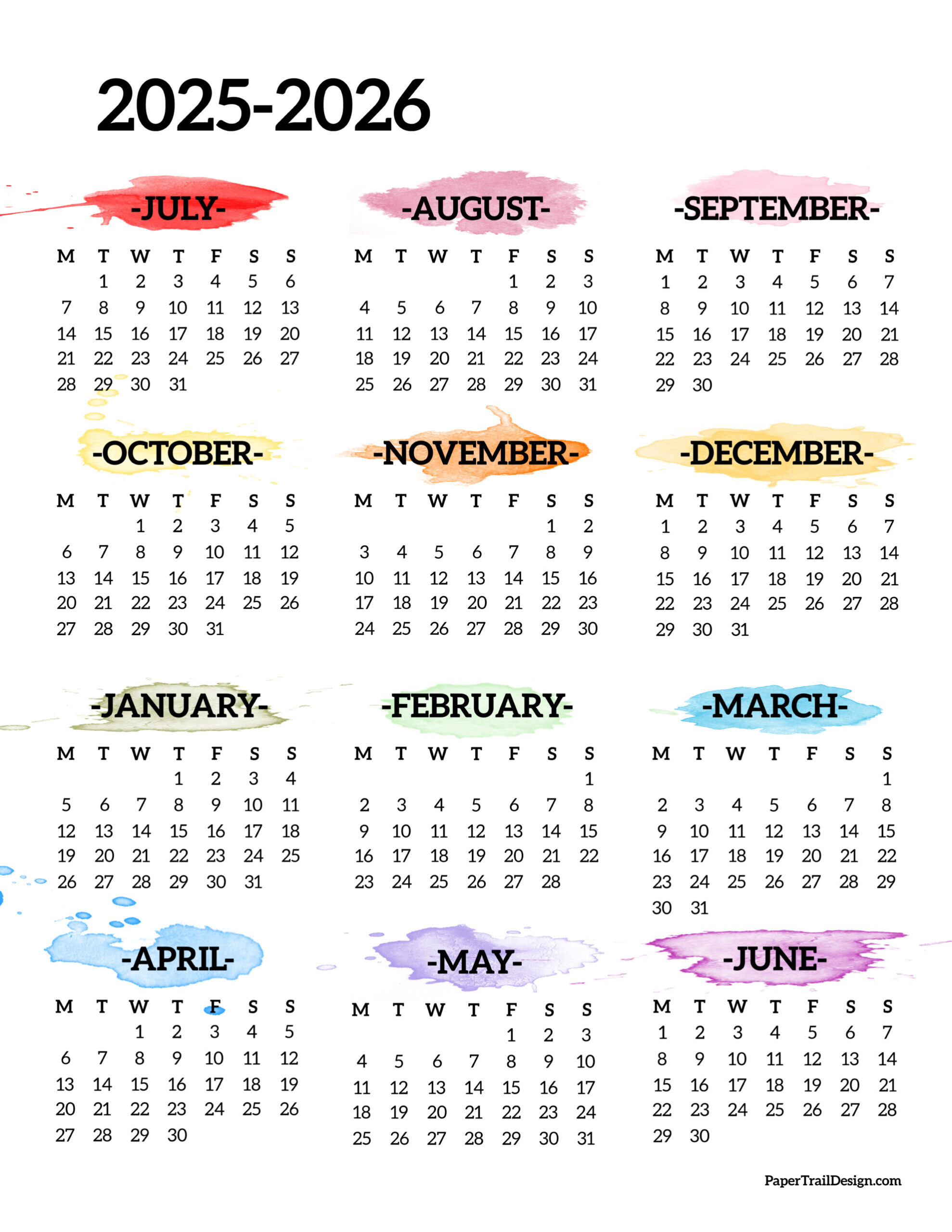 2025 2026 School Year Calendar Free Printable Paper Trail Design