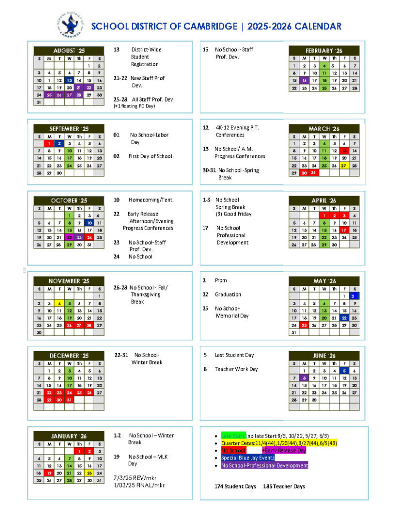 2025 26 Calendar Cambridge High School