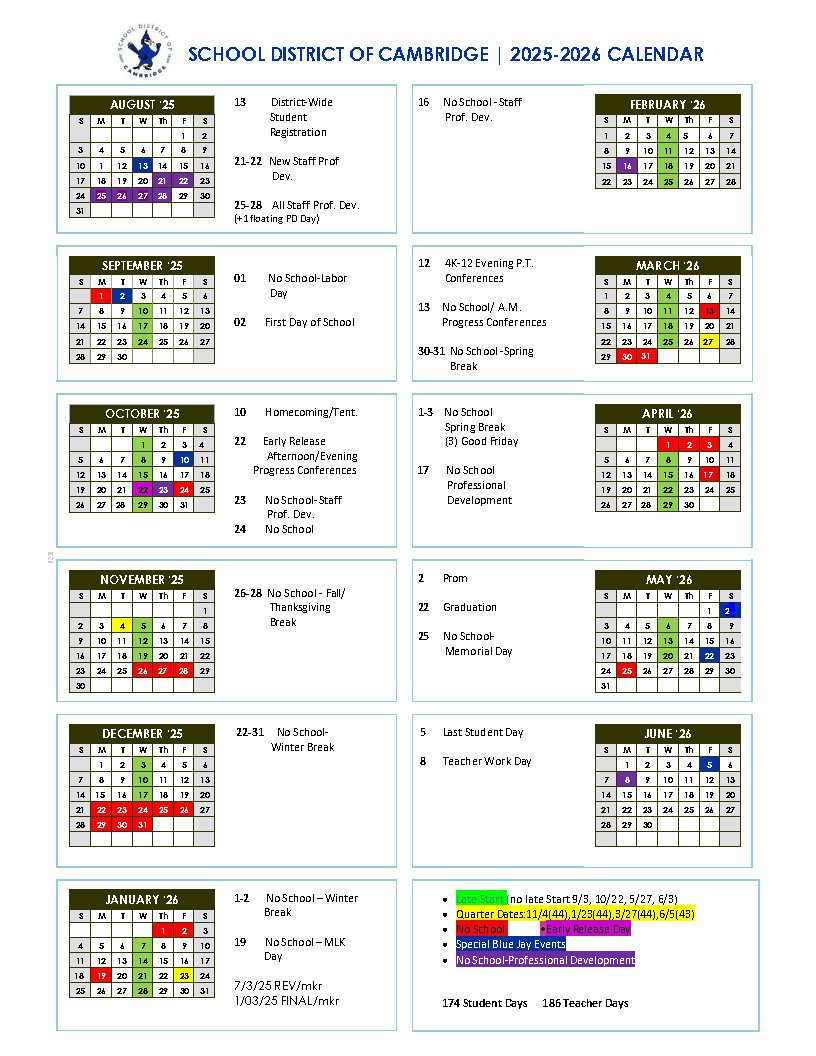 2025 26 Calendar Cambridge High School