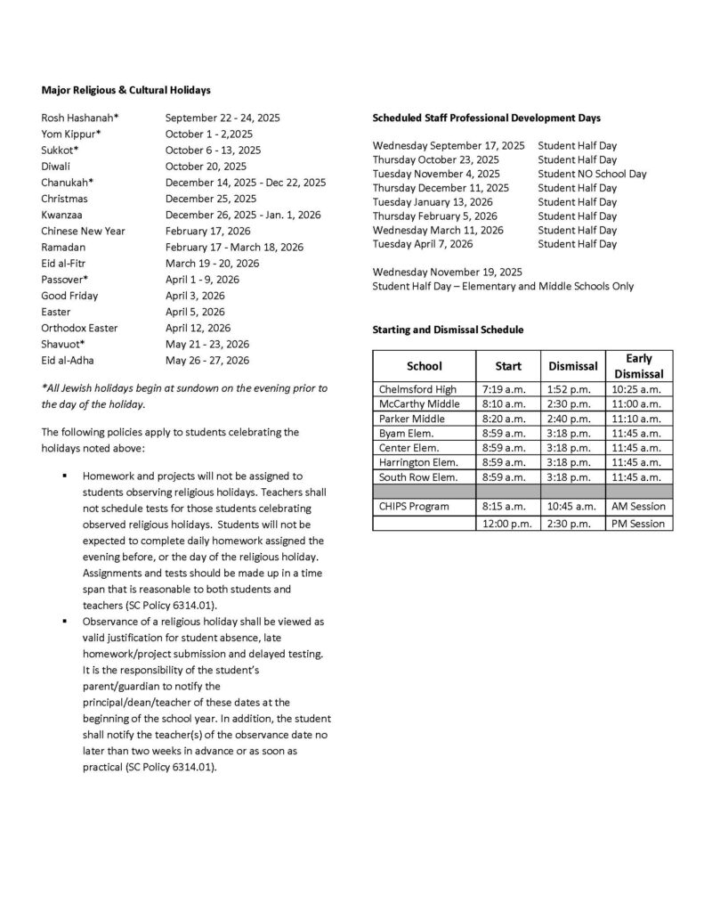 2025 26 Calendar Chelmsford Public Schools