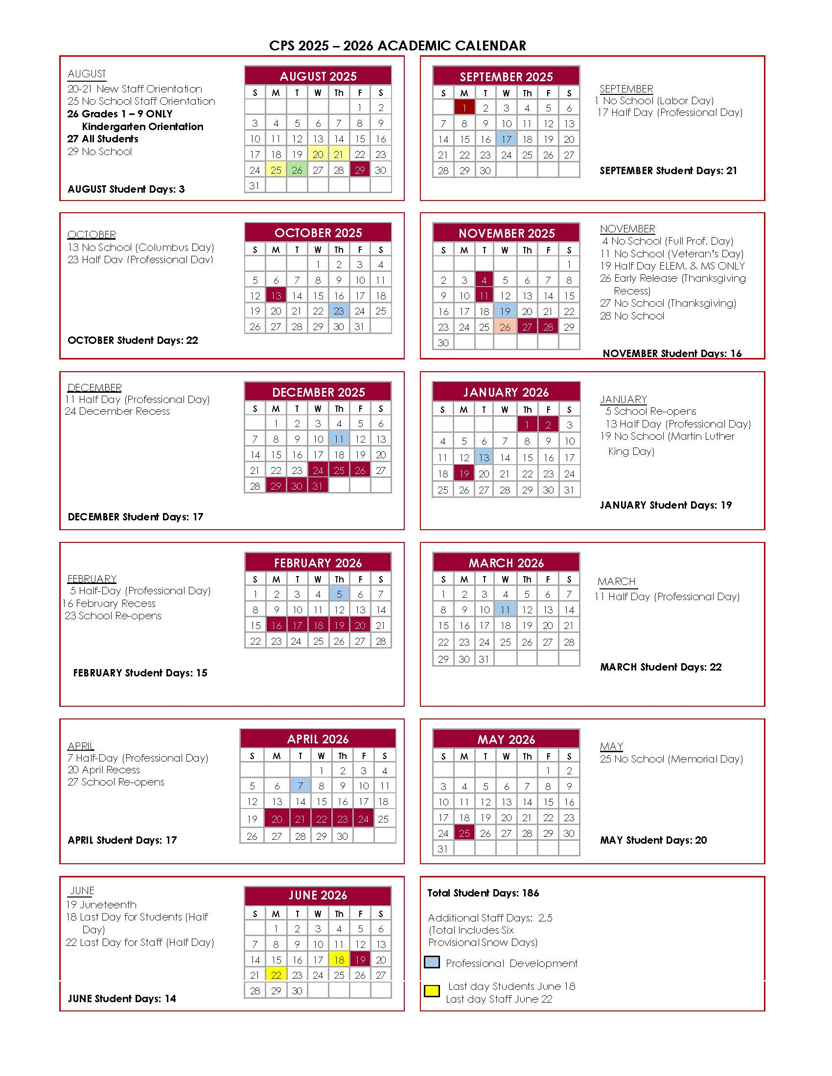 2025 26 Calendar Chelmsford Public Schools