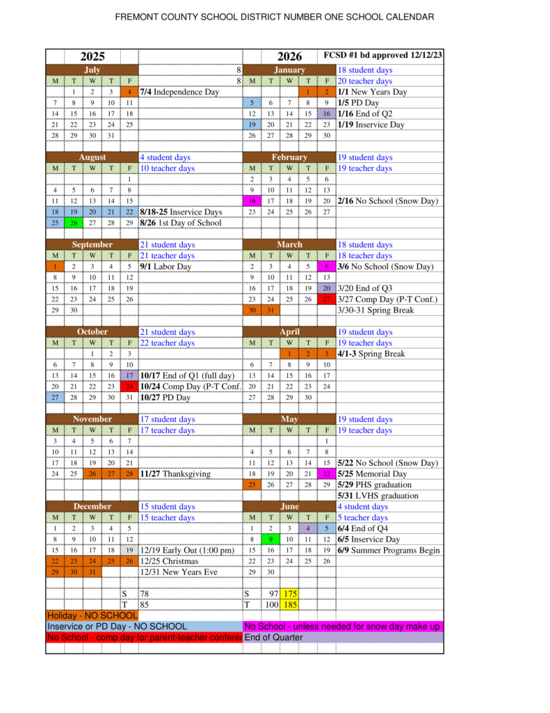 2025 26 Calendar FCSD 1 Fremont County School District 1