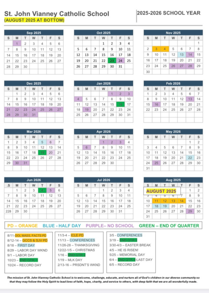 2025 26 School Calendar St John Vianney Catholic School