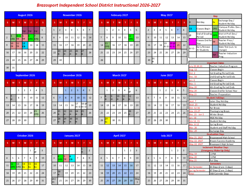 2026 2027 Calendar Brazosport Independent School District