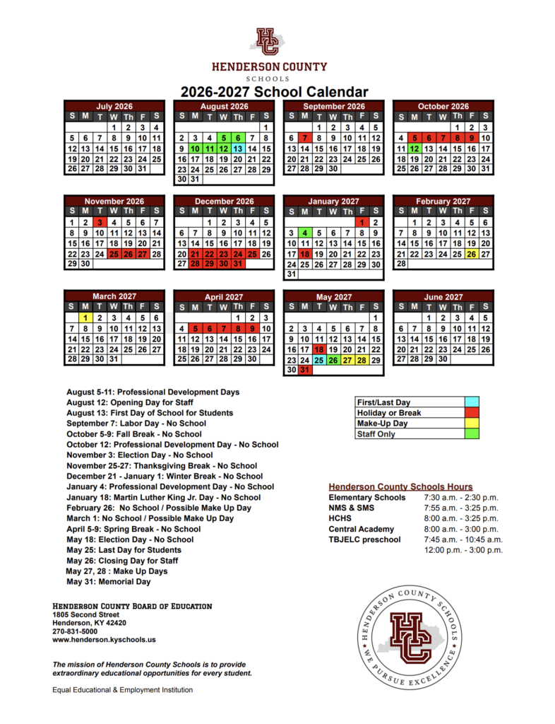 2026 2027 HCS School Calendar Henderson County Schools