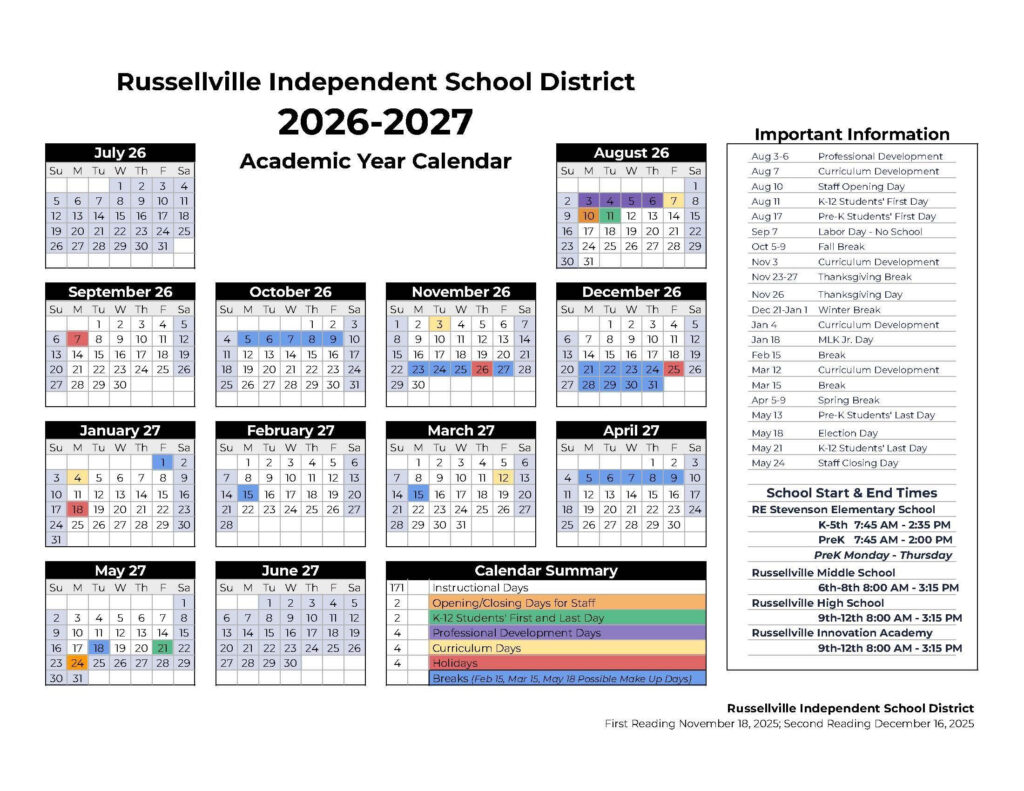 2026 2027 School Calendar District Information Russellville Independent School District