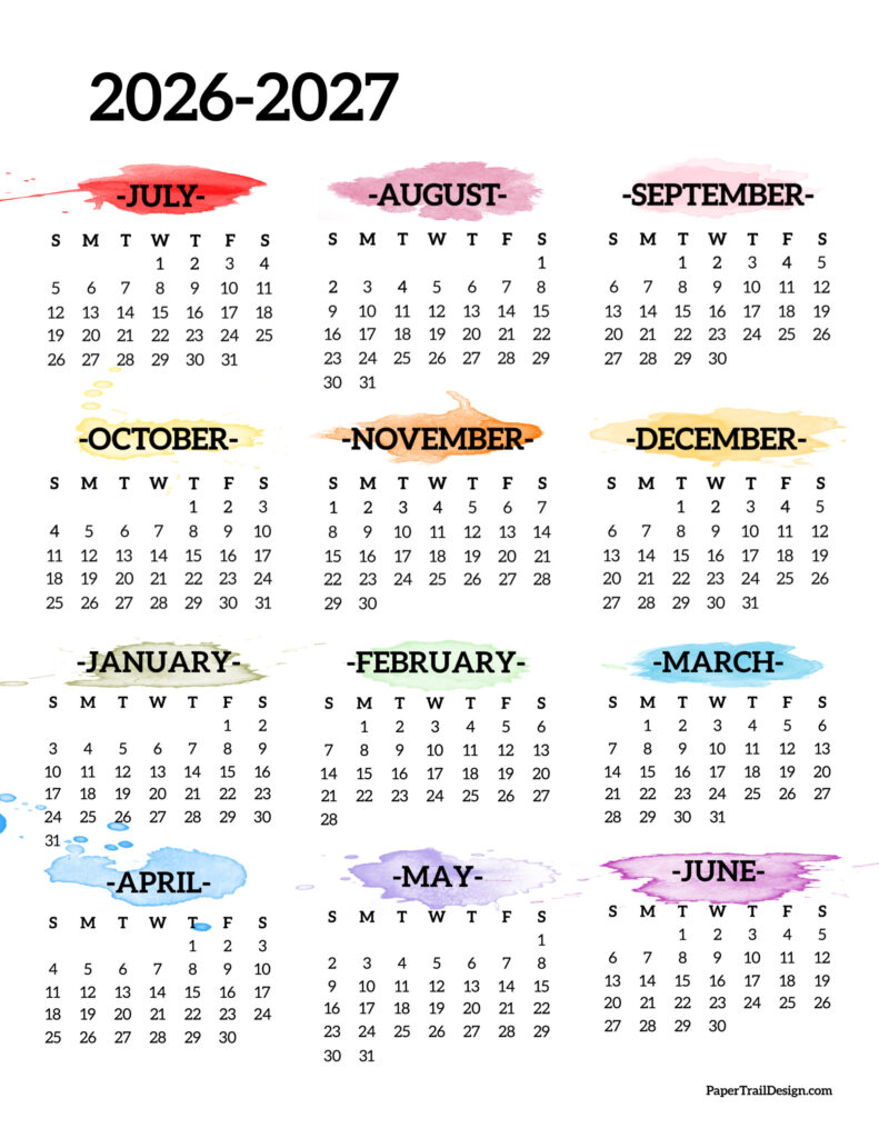 2026 2027 School Year Calendar Free Printable Paper Trail Design