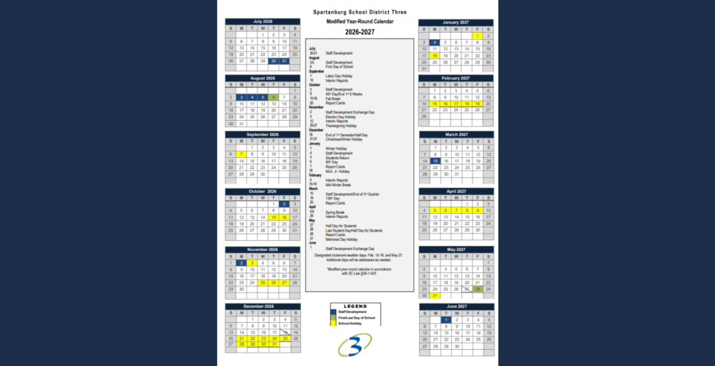 2026 27 Academic Calendar Approved Spartanburg School District Three