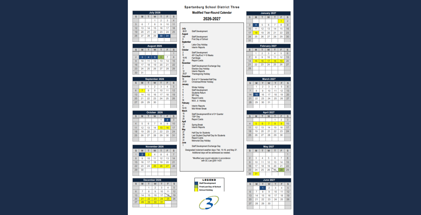 2026 27 Academic Calendar Approved Spartanburg School District Three