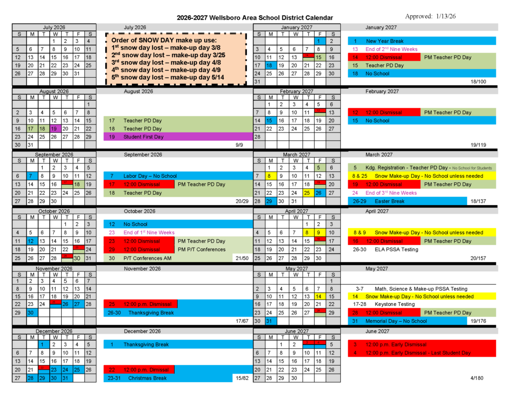 2026 27 School Calendar Wellsboro Area School District 2026 27 School Calendar Wellsboro Area School District