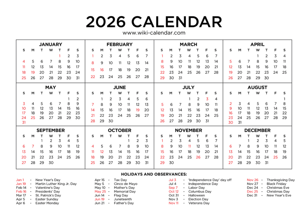 2026 Calendar Printable Free PDF With Holidays
