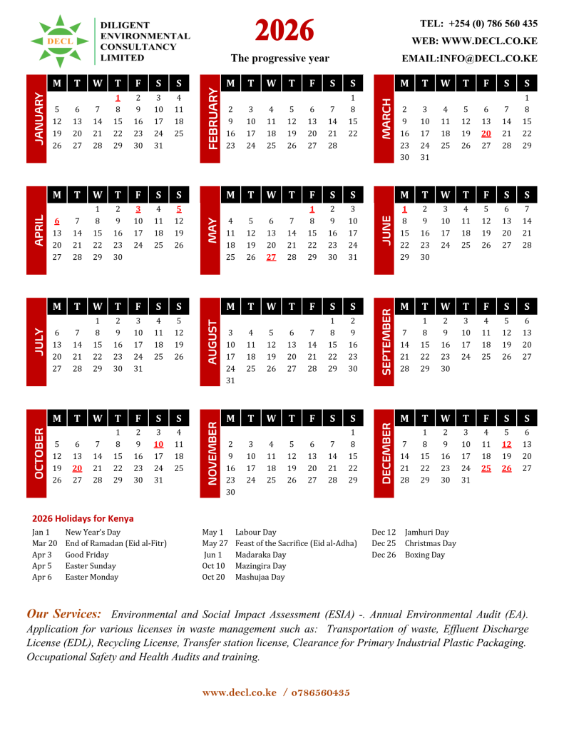2026 Kenyan Calendar Diligent Environmental Consultancy Limited DECL