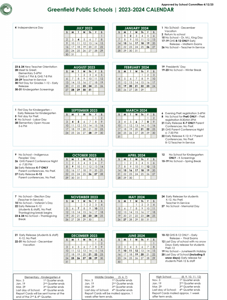 23 24 Academic Year Calendar Greenfield Public Schools