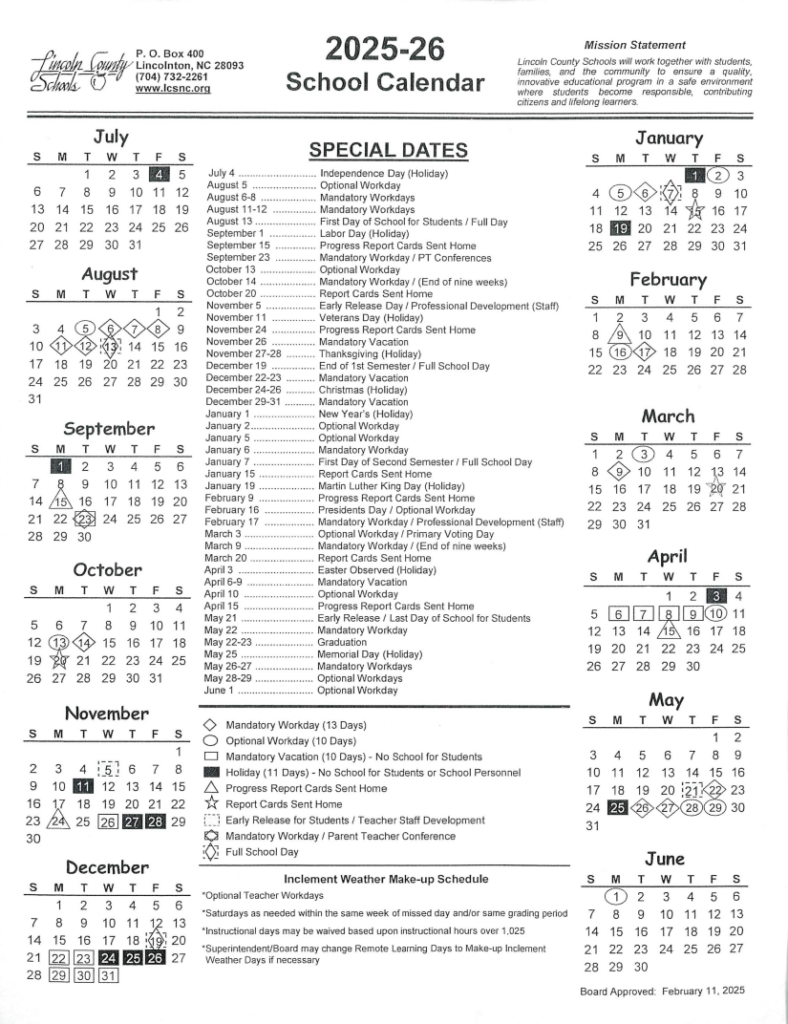 25 26 LCS School Calendar North Lincoln Middle