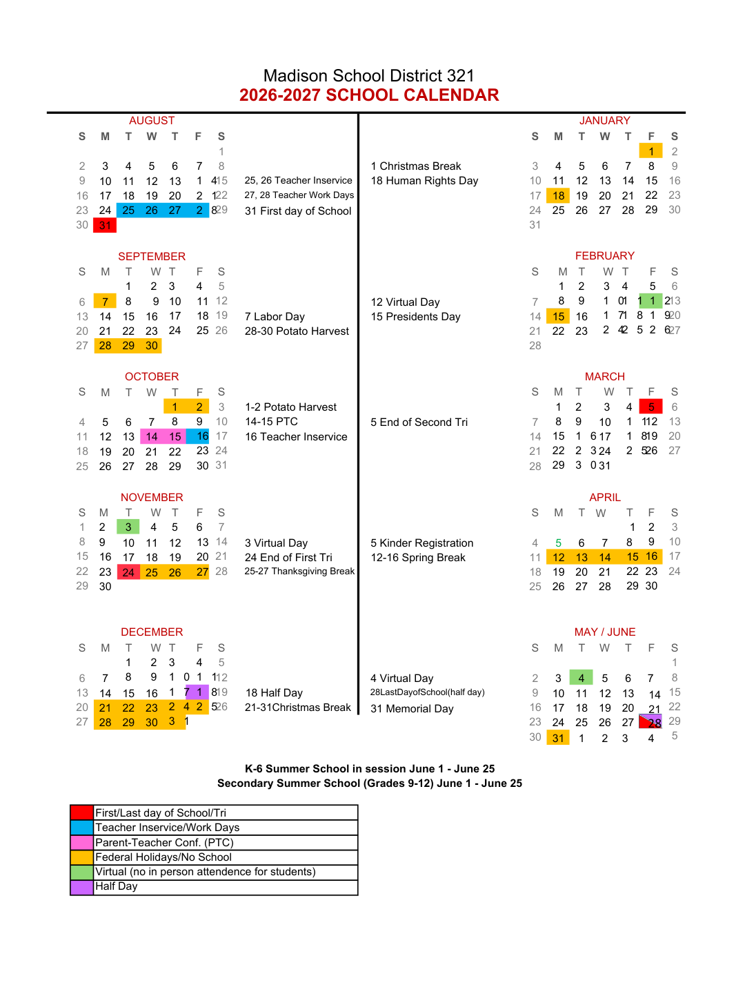 26 27 School Calendar Madison School District 321
