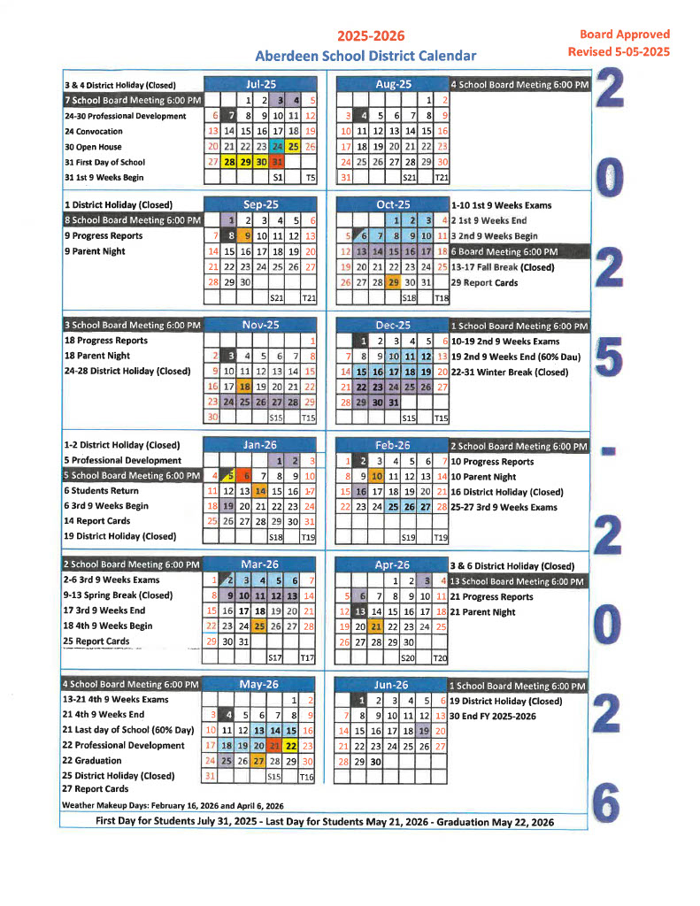 Academic Calendar Aberdeen School District