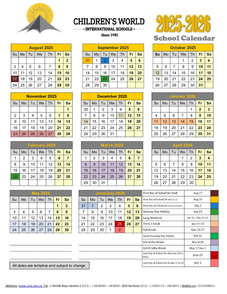 Academic Calendar Children World International School