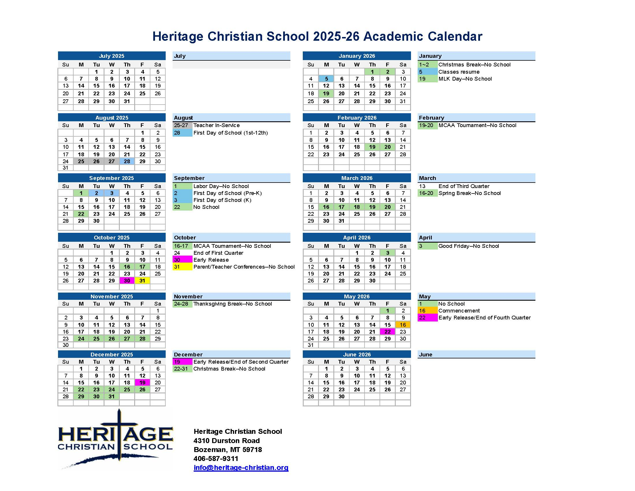 Academic Calendar Heritage Christian School