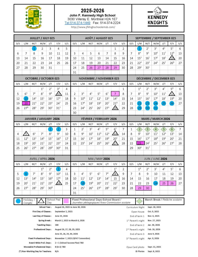 Academic Calendar John F Kennedy