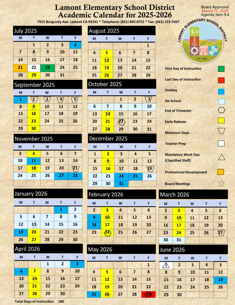 Academic Calendar Lamont Elementary School District