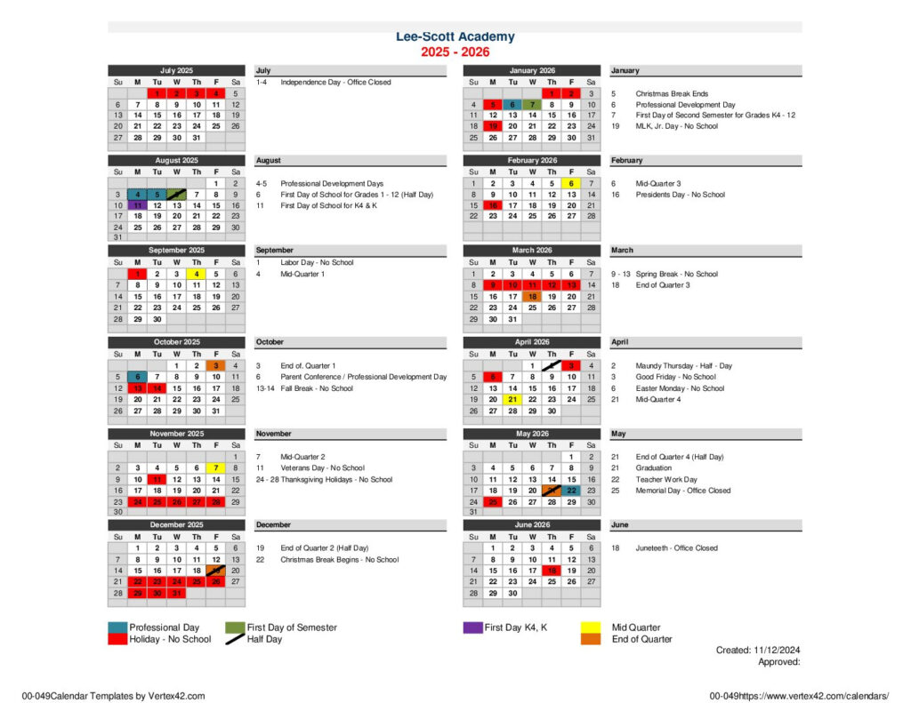 Academic Calendar Lee Scott Academy