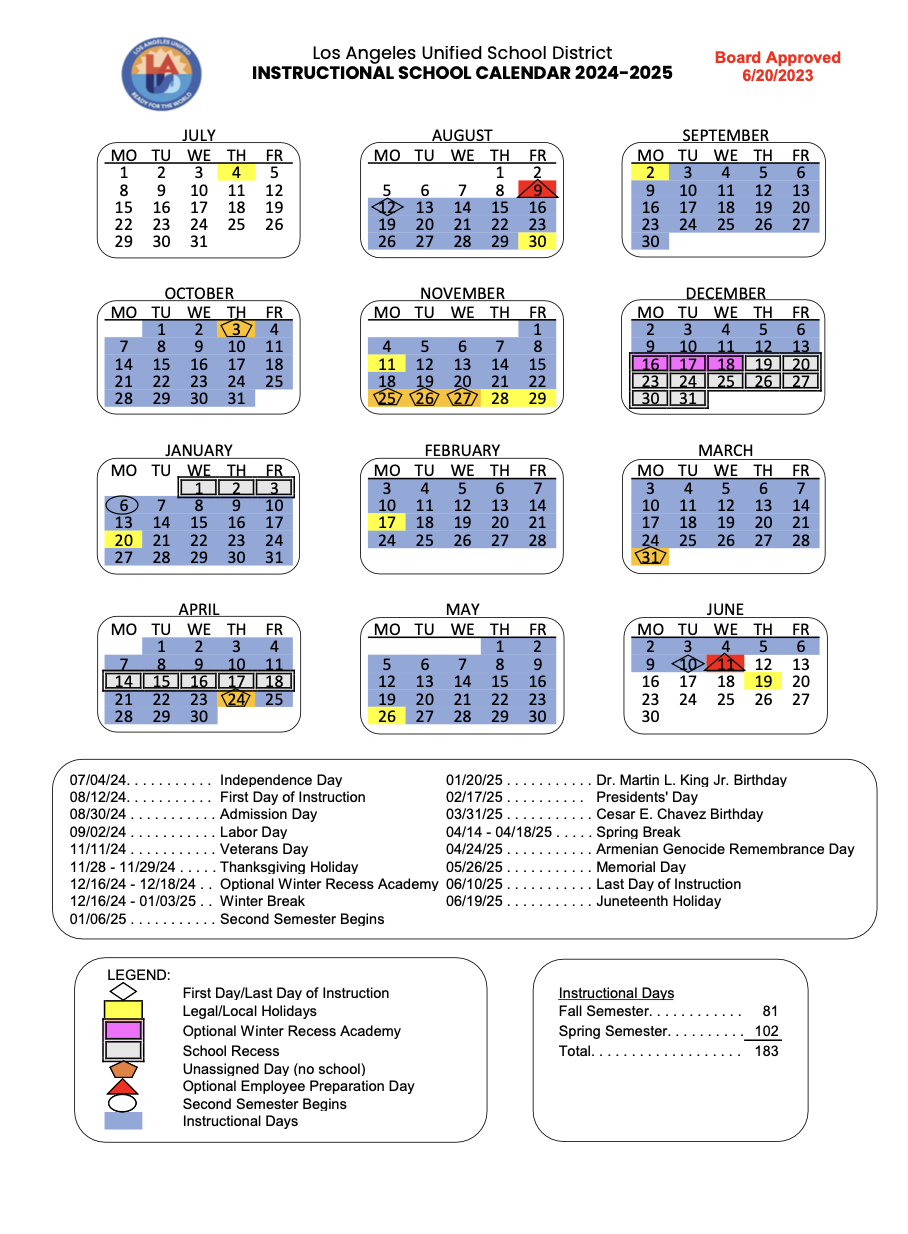 Academic Calendar Parents Liberty Boulevard Elementary