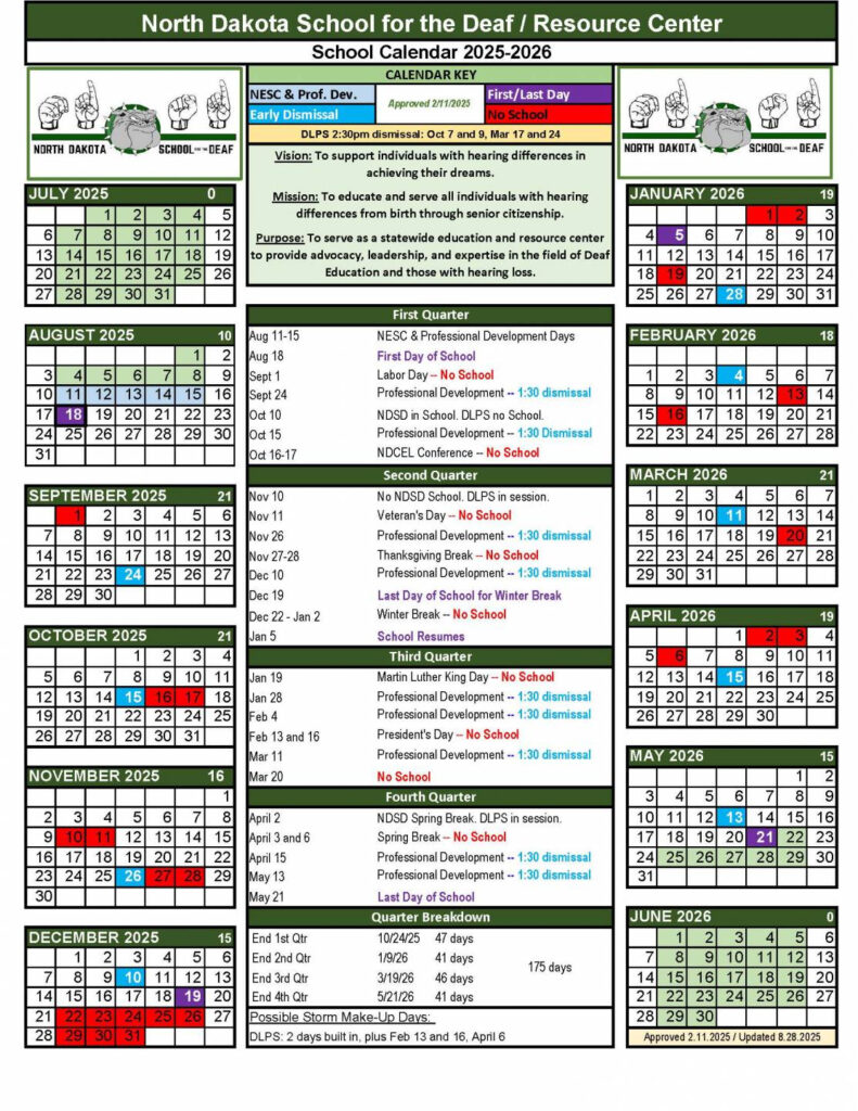 Academic Calendar School For The Deaf Of North Dakota