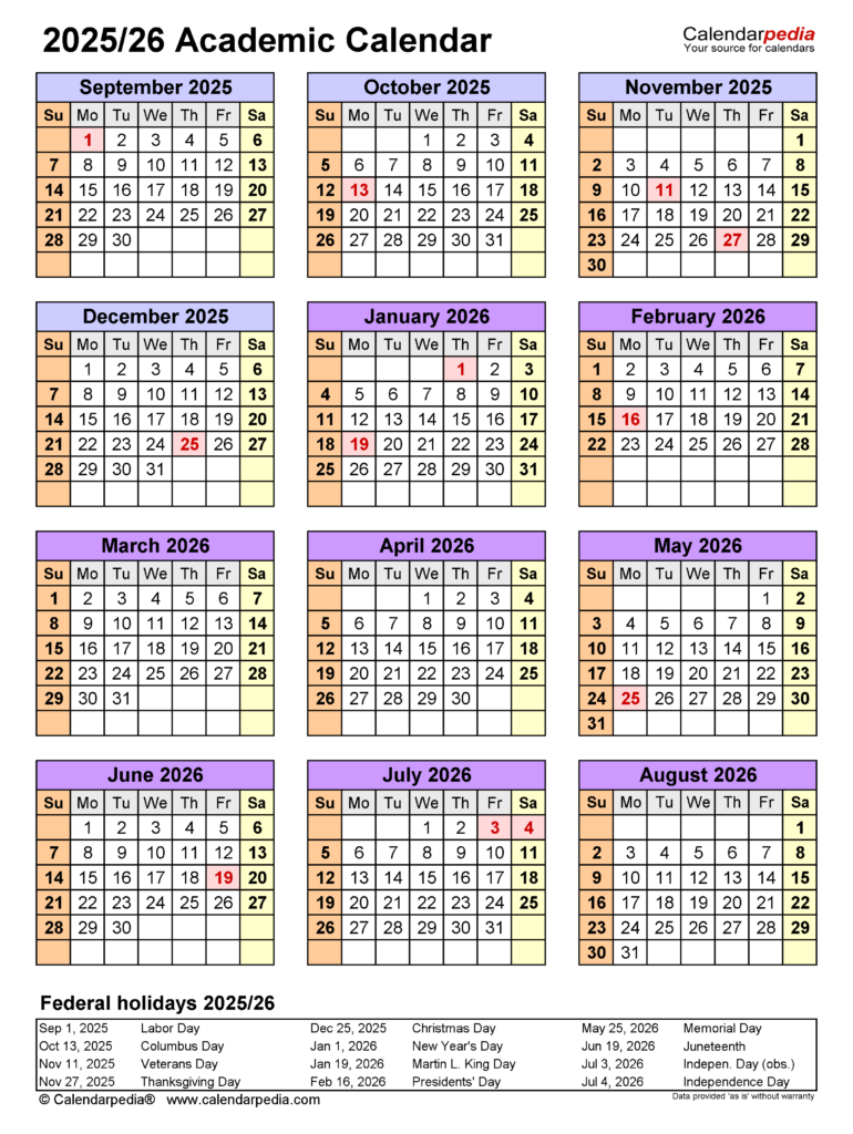 Academic Calendars 2025 2026 Free Printable PDF Templates