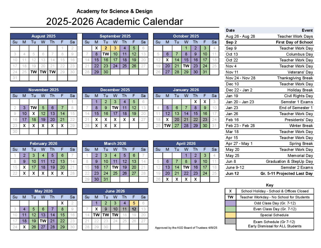 Academic Calendars Academy For Science And Design